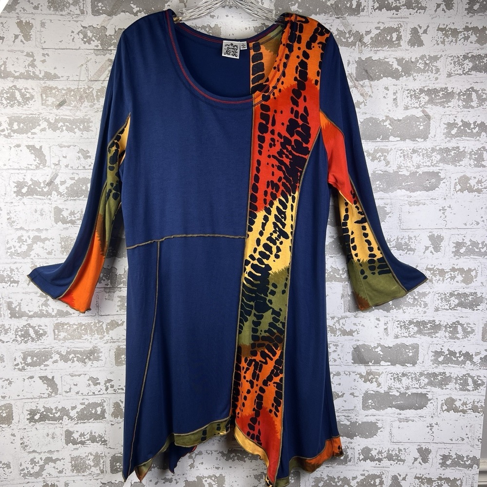 Parsley & Sage Tunic Shirt/Dress Sz L Wearable Art Blue Patchwork Sharkbite Hem - Picture 5 of 14